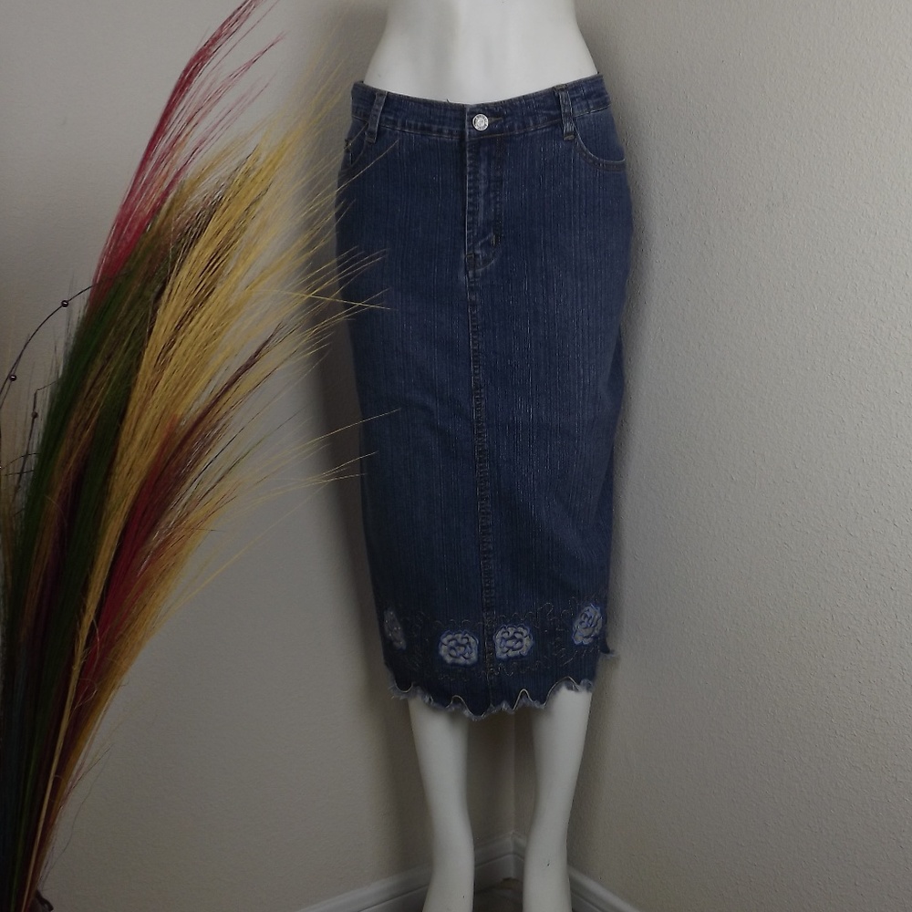Medium Wash Blue Denim Skirt with Flowers